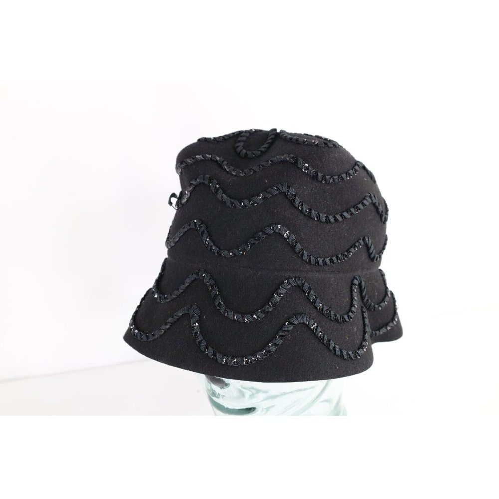 Vintage 50s Rockabilly Wool Felt Sequined Flower Bucket Hat Cap Black Womens USA - Picture 1 of 9